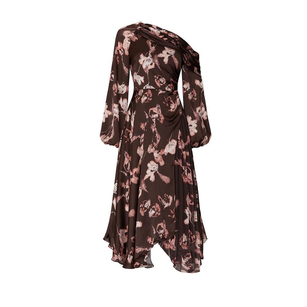 AMUR Lorraine Dress Evening Gown Formal Size 2 Brown Long Sleeve Asymmetric Neck